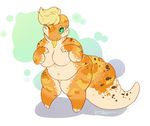  2017 anthro belly big_breasts blonde_hair breasts cute featureless_breasts female gecko green_eyes hair lizard lizard_tail looking_away lotusaur multicolored_scales navel one_eye_closed reptile scales scalie short_stack simple_background slightly_chubby solo spotted_scales standing tongue tongue_out yellow_scales yellow_tongue 