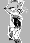  &lt;3 2017 5_fingers alternate_costume anthro armwear blaze_the_cat blush boots cat clothing cosplay digital_media_(artwork) elbow_gloves english_text eyelashes feline female flat_chested footwear gloves looking_down mammal monochrome rouge_the_bat scones_(artist) simple_background solo sonic_(series) standing text tight_clothing 
