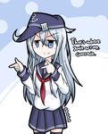  &gt;:) anchor_symbol black_legwear blue_hat blue_skirt closed_mouth commentary english finger_gun flat_cap gradient gradient_background hair_between_eyes hat hibiki_(kantai_collection) kantai_collection long_hair long_sleeves meme pleated_skirt pointing raythalosm red_neckwear roman_numerals school_uniform serafuku shirt skirt smile smug standing text_focus thighhighs twitter_username v-shaped_eyebrows white_hair white_shirt zettai_ryouiki 