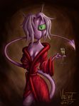  2017 anthro breasts cleavage clothed clothing dreamkeepers female green_eyes green_sclera hair hair_over_eye hi_res horn mammal namah_calah off_shoulder pink_hair radical_vewi robe solo spade_tail 
