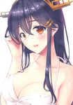  absurdres adjusting_hair bare_shoulders black_hair blush breasts brown_eyes cleavage eyebrows_visible_through_hair hair_between_eyes hair_ornament hairband hairclip hand_in_hair hand_up haruna_(kantai_collection) headgear highres ichimatsu_nana kantai_collection long_hair looking_at_viewer medium_breasts non-web_source parted_lips remodel_(kantai_collection) scan simple_background solo white_background white_bikini_top 