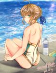  ahoge artoria_pendragon_(all) artoria_pendragon_(swimsuit_archer) blonde_hair blue_ribbon braid fate/grand_order fate/stay_night fate_(series) green_eyes hair_ribbon highres milia_simohayha one-piece_swimsuit pool poolside ribbon sitting solo swimsuit tied_hair water white_swimsuit 