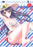  absurdres armpits bare_arms bare_legs bare_shoulders barefoot bikini black_hair blush breasts brown_eyes cross cross_necklace flower frilled_bikini frills hair_between_eyes hair_ornament hairclip haruna_(kantai_collection) hat hat_flower highres ichimatsu_nana jewelry kantai_collection knees_together_feet_apart long_hair looking_at_viewer medium_breasts multicolored multicolored_background necklace non-web_source scan smile solo straw_hat striped striped_background sun_hat swimsuit toenail_polish white_bikini 