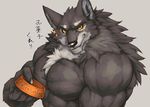  2017 abs anthro biceps big_muscles black_eyes black_nose canine chest_tuft claws clothed clothing fangs flakjacket0204 fur grey_background grey_fur looking_at_viewer male mammal muscular muscular_male pecs scar simple_background smile solo teeth topless triceps tuft vein white_fur wolf yellow_sclera 