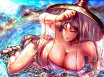  armlet bare_shoulders beach breasts choker cleavage collarbone day eyepatch_bikini fate/grand_order fate_(series) hangetsuban_sonshou hat highres huge_breasts katana long_hair looking_at_viewer minamoto_no_raikou_(fate/grand_order) minamoto_no_raikou_(swimsuit_lancer)_(fate) parted_lips partially_submerged purple_eyes purple_hair smile solo sunlight sword very_long_hair weapon 