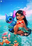  2017 alien black_hair blue_eyes blue_fur blue_nose border chest_tuft claws clothing detailed_background digital_drawing_(artwork) digital_media_(artwork) disney duo_focus experiment_(species) female fish flower fur grass_skirt group hair head_tuft hibiscus horizon human koi lilo_and_stitch lilo_pelekai long_hair mammal marine notched_ear open_mouth open_smile plant rossdraws sea signature simple_background sitting sky smile standing stitch tube_top tuft wakeboard water white_background white_border 