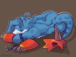  2017 anthro armor better_version_at_source digimon digital_media_(artwork) flamedramon male nude scalie simple_background siriuswolfus sleeping solo 