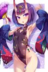  armpits arms_up ass_visible_through_thighs bare_shoulders blush breasts chestnut_mouth commentary covered_navel covered_nipples cowboy_shot detached_sleeves eyebrows_visible_through_hair fan fangs fate/grand_order fate_(series) floral_print highleg highleg_leotard holding holding_fan horns japanese_clothes legs_together leotard looking_at_viewer oni oni_horns purple_eyes purple_hair shiny shiny_hair shiny_skin short_hair shuten_douji_(fate/grand_order) small_breasts solo standing thigh_gap toraishi_666 wide_sleeves 