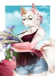  2017 anthro blue_eyes breasts canine clothed clothing day digital_media_(artwork) female fur hi_res horn hybrid mammal nitricacid outside pink_nose sky smile solo stanidng white_fur 