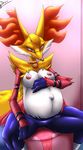  2017 anthro areola belly big_belly breasts canine dark-moltres delphox digital_media_(artwork) female fur hair inner_ear_fluff jewelry looking_at_viewer mammal navel nintendo nipples nude pok&eacute;mon pok&eacute;mon_(species) pregnant pussy red_eyes smile solo thick_thighs video_games wide_hips 