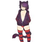  :3 animal_ears black_hair blush bulge cat_ears cat_tail catboy commentary hair_over_one_eye hands_in_pockets jacket open_clothes open_jacket original otoko_no_ko panties red_panties senatorwong striped striped_legwear tail underwear v-shaped_eyebrows wongcat 