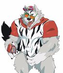  2017 anthro balls bottomless canine clothed clothing erection erection_under_clothes eyewear fur grey_balls hat hi_res male mammal mascot muscular muscular_male old_spice solo sunglasses taoren tongue wolf wolfthorn_(old_spice) 