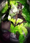  2017 5_fingers anthro arrow bow cat clothed clothing day detailed_background digital_media_(artwork) feline female forest fur green_eyes grey_fur group hi_res holding_object holding_weapon mammal melee_weapon nitricacid outside sword tree weapon 