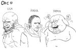  animal_ears bald beard blank_eyes character_name commentary_request comparison copyright_request drooling earrings english facial_hair fangs fat frown futoshi_slim greyscale hairlocs heavy_breathing high_collar jewelry lineage lineage_2 lips looking_at_viewer male_focus monochrome multiple_boys muscle orc pig pig_ears pig_snout pointy_ears saliva simple_background skull translated veins warcraft white_background 