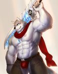  2017 abs anthro biceps canine clothing fur hi_res male mammal melee_weapon mixvariety muscular muscular_male pecs scarf simple_background solo sword underwear weapon wolf 