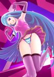  1girl blue_hair breasts cleavage dress elbow_gloves gloves high_heels me!me!me! meme_(me!me!me!) panties purple_eyes solo thighhighs tongue tongue_out underwear wink 