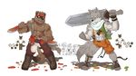  2017 abs anthro armor audience belt biceps black_nose blue_eyes boots brown_fur canine clothed clothing digital_media_(artwork) dog duo_focus fangs footwear fur grey_fur group hi_res jacket kemono male mammal melee_weapon muscular muscular_male obliques open_jacket open_shirt pants pecs scarf shirt simple_background standing sweat sword teeth topless torn_clothing triceps weapon wolf wolfmalro yellow_eyes 