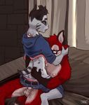  2017 anthro balls better_version_at_source butt canine clothing digital_media_(artwork) dog duo fur hair kissing male male/male mammal open_mouth penis siriuswolfus 