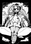  1girl bandage bandages beret breasts cammy_white capcom eyepatch female hat monochrome nature no_bra outdoors sitting sky smile solo street_fighter twin_tails twintails 