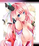  :3 bad_id bad_pixiv_id bare_shoulders blue_eyes blush breasts bug butterfly detached_sleeves finger_to_mouth hair_ornament head_tilt insect jimo large_breasts leaning_forward long_hair looking_at_viewer nipples no_nose original pink_hair solo teasing 