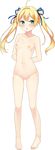  ahoge alice_bedford aqua_eyes arms_behind_back ass_visible_through_thighs barefoot bekotarou blonde_hair blush flat_chest full_body hair_ribbon highres long_hair navel newton_to_ringo_no_ki nipples no_pussy non-web_source nude ribbon solo standing transparent_background twintails 