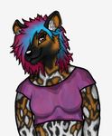  anthro bright_colors clothed clothing colored_hair female hyena invalid_color invalid_tag mammal portrait shirt solo spottedhyena 