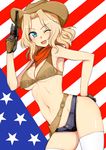  ;d american_flag blonde_hair blue_eyes blush breasts cleavage cowboy_hat denim denim_shorts flag_background girls_und_panzer gloves gun hand_on_hip hat holster kay_(girls_und_panzer) kumadano medium_breasts navel one_eye_closed open_mouth scarf short_shorts shorts smile solo thighhighs underboob weapon western white_legwear 