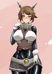  ayuayu_(shouyu_no_sato) bangs blush bodysuit bodysuit_under_clothes breasts brown_hair eyebrows_visible_through_hair flipped_hair gloves green_eyes grey_skirt headgear kantai_collection large_breasts lips looking_at_viewer miniskirt mutsu_(kantai_collection) pink_background pleated_skirt shiny shiny_clothes short_hair skin_tight skirt skirt_lift smile solo striped striped_skirt upper_body white_background white_gloves wide_hips 