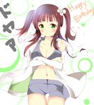  &gt;:) bangs blunt_bangs blush breast_pocket breasts brown_hair cleavage closed_mouth commentary cowboy_shot crossed_arms english eyebrows_visible_through_hair flower gochuumon_wa_usagi_desu_ka? green_eyes grey_bikini_top grey_shorts hair_flower hair_ornament halter_top halterneck happy_birthday highres jacket large_breasts long_hair long_sleeves looking_at_viewer navel off_shoulder pocket short_shorts shorts sidelocks smile solo standing stomach sunya_(honorin-yuunibo) twintails ujimatsu_chiya v-shaped_eyebrows white_background white_flower white_jacket 