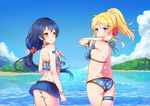  arm_behind_back ass ayase_eli beach bikini blonde_hair blue_eyes blue_hair blue_sky cloud commentary_request day emia_wang floral_print flower frilled_bikini frills hair_flower hair_ornament halterneck hand_on_own_chest hand_on_own_thigh highres long_hair looking_at_viewer love_live! love_live!_school_idol_project low-tied_long_hair multiple_girls outdoors ponytail print_bikini scrunchie sky smile sonoda_umi striped striped_scrunchie swimsuit wading yellow_eyes 