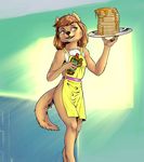  2017 amber_eyes anthony_sarkasuo anthro apron bowman&#039;s_wolf brown_fur brown_hair canine chest_tuft clothed clothing digitigrade female flat_chested florence_ambrose food freefall fur green_background hair hi_res holding_object long_hair mammal multicolored_fur naked_apron open_mouth open_smile pancake red_wolf seductive simple_background smile solo syrup tray tuft two_tone_fur webcomic white_fur wolf 
