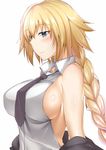  alternate_eye_color backless_outfit bare_shoulders blonde_hair blue_eyes blush braid breasts fate/apocrypha fate_(series) halterneck jacket jeanne_d'arc_(fate) jeanne_d'arc_(fate)_(all) large_breasts lips long_hair necktie off_shoulder removing_jacket saintshiro shirt sideboob simple_background single_braid smile solo upper_body white_background white_shirt wing_collar 