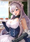  :d azur_lane belfast_(azur_lane) blush braid breasts chain cleavage collar commentary_request elbow_gloves french_braid gloves highres kanzaki_kureha large_breasts long_hair looking_at_viewer maid maid_headdress open_mouth silver_eyes silver_hair smile solo tray 