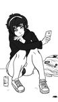  1boy alexis_(andava) andava androgynous black_hair black_panties bulge can crossdressing eyeshadow hairband monochrome pantyshot_(sitting) sitting skirt smartphone trap 