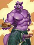  2017 abs alpha0 anthro areola balls bernard_(ok_k.o.!_lbh) biceps big_biceps brown_eyes canine claws clothed clothing cum_on_food erection eyebrows fluffy fluffy_tail food fork front_view green_bottomwear hi_res holding_object humanoid_penis looking_back male mammal muscular muscular_male navel nipples ok_k.o.!_let&#039;s_be_heroes open_pants pancake pants pecs penis plate poking_out precum presenting purple_balls purple_claws purple_nipples purple_penis purple_skin purple_tail sharp_teeth simple_background solo standing teeth topless vein veiny_penis were werewolf 