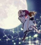  80mph barefoot blonde_hair breasts broom closed_eyes commentary dress full_moon hair_ornament hand_on_another's_back highres hug izetta kiss long_hair medium_breasts moon multiple_girls night night_sky ortfine_fredericka_von_eylstadt red_hair short_hair shuumatsu_no_izetta sitting sitting_on_person sky sleeveless sleeveless_dress star_(sky) sundress tears white_dress x_hair_ornament yuri 