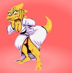 2_toes abstract_background alphys breasts buckteeth cleavage clothed clothing eyewear female glasses lab_coat lizard looking_at_viewer pink_background raised_eyebrow reptile scales scalie simple_background teeth toes undertale video_games wolftang yellow_scales 
