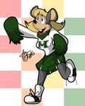  anthro blonde_hair breasts buckteeth checkered_background cheerleader clothed clothing crazyassbeethoven female hair mammal mitzi_mozzarella mouse pattern_background pom_poms rodent simple_background solo teeth the_rock-afire_explosion 