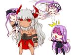  3girls asterios_(fate/grand_order) black_bow black_ribbon black_sclera blindfold blush boots bow chibi commentary_request dress euryale facial_mark fang fate/grand_order fate_(series) forehead_mark hairband happa16 jumping lolita_hairband long_hair looking_at_another multiple_girls no_nose on_shoulder open_mouth purple_hair red_eyes ribbon rider scar shirtless siblings sisters stheno strapless strapless_dress sweatdrop thigh_boots thighhighs triangle_mouth twintails very_long_hair white_background white_hair white_ribbon 