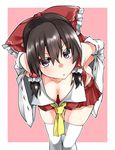  ascot black_hair bow breasts brown_hair cleavage covered_nipples downblouse hair_between_eyes hair_bow hair_tubes hakurei_reimu hanging_breasts highres kz_oji leaning_forward looking_at_viewer medium_breasts miniskirt no_bra pink_background pink_eyes red_bow red_skirt ribbon-trimmed_sleeves ribbon_trim side_ponytail skirt skirt_set solo standing thigh_gap thighhighs touhou white_legwear 