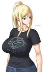  :&lt; artist_name black_shirt blonde_hair blue_eyes breasts closed_mouth commentary_request covered_nipples denim highres huge_breasts jeans long_hair looking_away metroid onomeshin pants ponytail samus_aran shiny shiny_hair shiny_skin shirt short_sleeves simple_background solo t-shirt upper_body white_background 