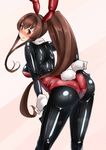  alternate_costume animal_ears ass ayuayu_(shouyu_no_sato) bangs bodysuit bodysuit_under_clothes breasts brown_hair bunny_ears bunny_tail bunnysuit eyebrows_visible_through_hair gradient gradient_background hand_on_hip hand_on_thigh kantai_collection large_breasts leaning_forward long_hair looking_back pink_background ponytail red_eyes sidelocks skin_tight smile solo tail very_long_hair wrist_cuffs yamato_(kantai_collection) 