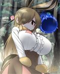  :&lt; ? animal_ears artist_name breasts brown_eyes brown_hair brown_skirt bunny_ears bunny_tail cerulean_(kemono_friends) commentary_request dappled_sunlight dated day european_hare_(kemono_friends) extra_ears forest frilled_shirt frills fur-trimmed_sleeves fur_collar fur_trim hair_over_one_eye high-waist_skirt highres kemono_friends large_breasts light_rays long_hair long_sleeves looking_at_viewer nature outdoors shirt signature skirt solo spoken_question_mark sunbeam sunlight tail tree very_long_hair yoshida_hideyuki 