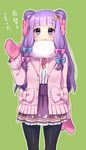  :&gt; alternate_costume bangs black_legwear blue_bow blunt_bangs bow closed_mouth coat crescent crescent_hair_ornament double_bun fur_collar green_background hair_bow hair_ornament heart highres long_hair long_sleeves looking_at_viewer miniskirt mittens pantyhose patchouli_knowledge pink_bow purple_eyes purple_hair purple_skirt simple_background skirt smile solo standing touhou translated vanilla_(miotanntann) waving winter_clothes 