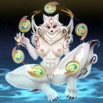  2017 abs amaterasu anthro anthrofied areola athletic beads black_nose breasts canine capcom claws deity female fur hi_res looking_at_viewer mammal nipples pastelletta pussy rosary sky smile solo spread_legs spreading star starry_sky toe_claws video_games white_fur wolf ōkami 