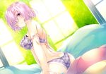  absurdres amami_mikihiro ass bangs bare_shoulders bed_sheet blush bra breasts butt_crack closed_mouth cowboy_shot day dimples_of_venus dutch_angle eyebrows_visible_through_hair fate/grand_order fate_(series) hair_over_one_eye highres indoors large_breasts lavender_hair light_smile looking_at_viewer mash_kyrielight panties parted_lips plaid plaid_bra plaid_panties purple_bra purple_eyes purple_hair purple_panties scan short_hair sitting smile solo strap_slip underwear underwear_only window 