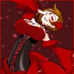  akujiki_musume_conchita_(vocaloid) banica_conchita bare_shoulders breasts brown_hair corset detached_sleeves dress evil_grin evil_smile evillious_nendaiki flower grin hair_flower hair_ornament half-closed_eyes large_breasts meiko red_dress red_eyes red_flower red_rose rose short_hair smile solo ume_(schwarze-sonne07) vocaloid 