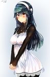  alternate_costume artist_name black_hair blush commentary_request cowboy_shot dated dress hair_ornament hairband hairclip hands_together haruna_(kantai_collection) highres kantai_collection long_hair long_sleeves orange_eyes pantyhose solo tsukui_kachou white_dress white_hairband 