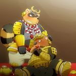  2013 anthro armor bear blush bulge clothed clothing duo fully_clothed fundoshi helmet japanese_clothing male male/male mammal oral penis penta002 simple_background sitting slightly_chubby tanuki underwear 