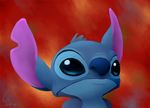  2010 alien blue_eyes blue_fur blue_nose bust_portrait digital_media_(artwork) disney experiment_(species) frown fur head_tuft lilo_and_stitch looking_at_viewer notched_ear portrait reaction_image red_background ribera simple_background solo stitch tuft watermark 